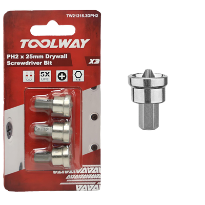 Toolway PH2 x 25mm Drywall Screwdriver Bits (Pack of 3)